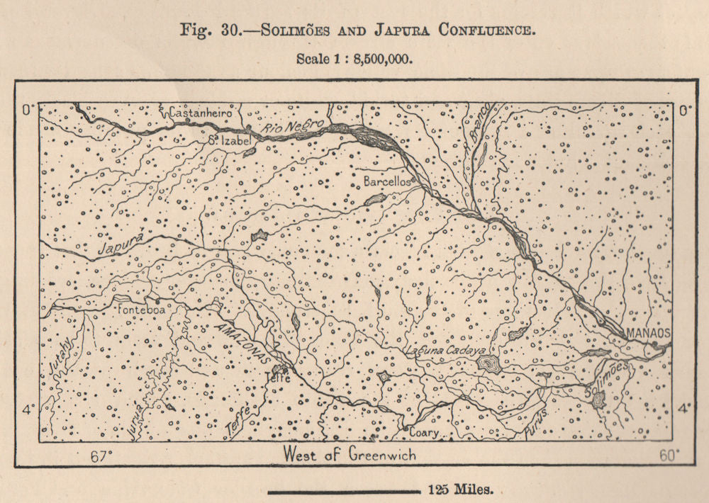 Solimões and Japura Confluence. Manaus. Brazil. Amazonia 1885 old antique map
